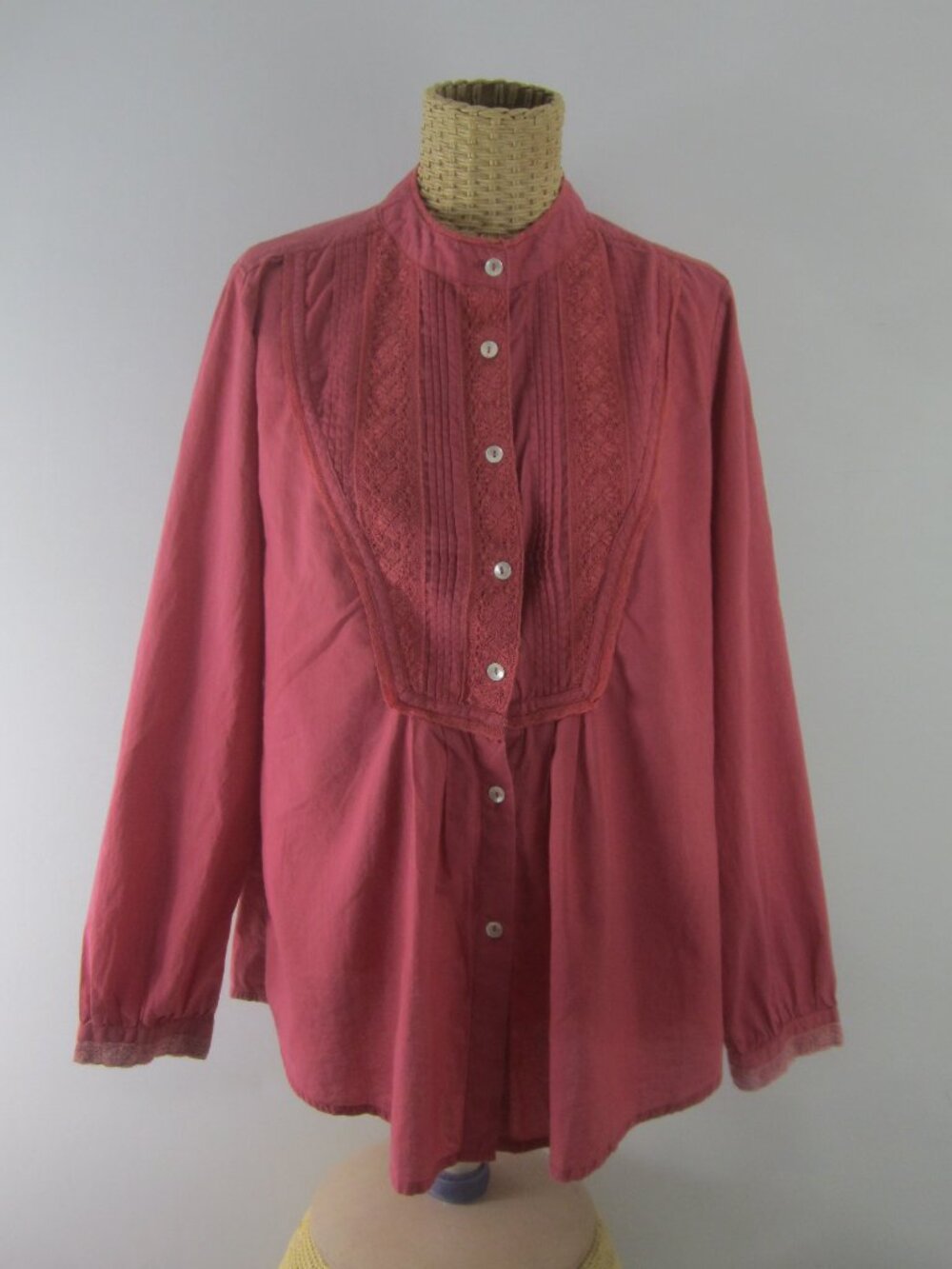 April Cornell Women M Mauve Pink Cotton Pleated Lace Tunic Shirt High Neck Top